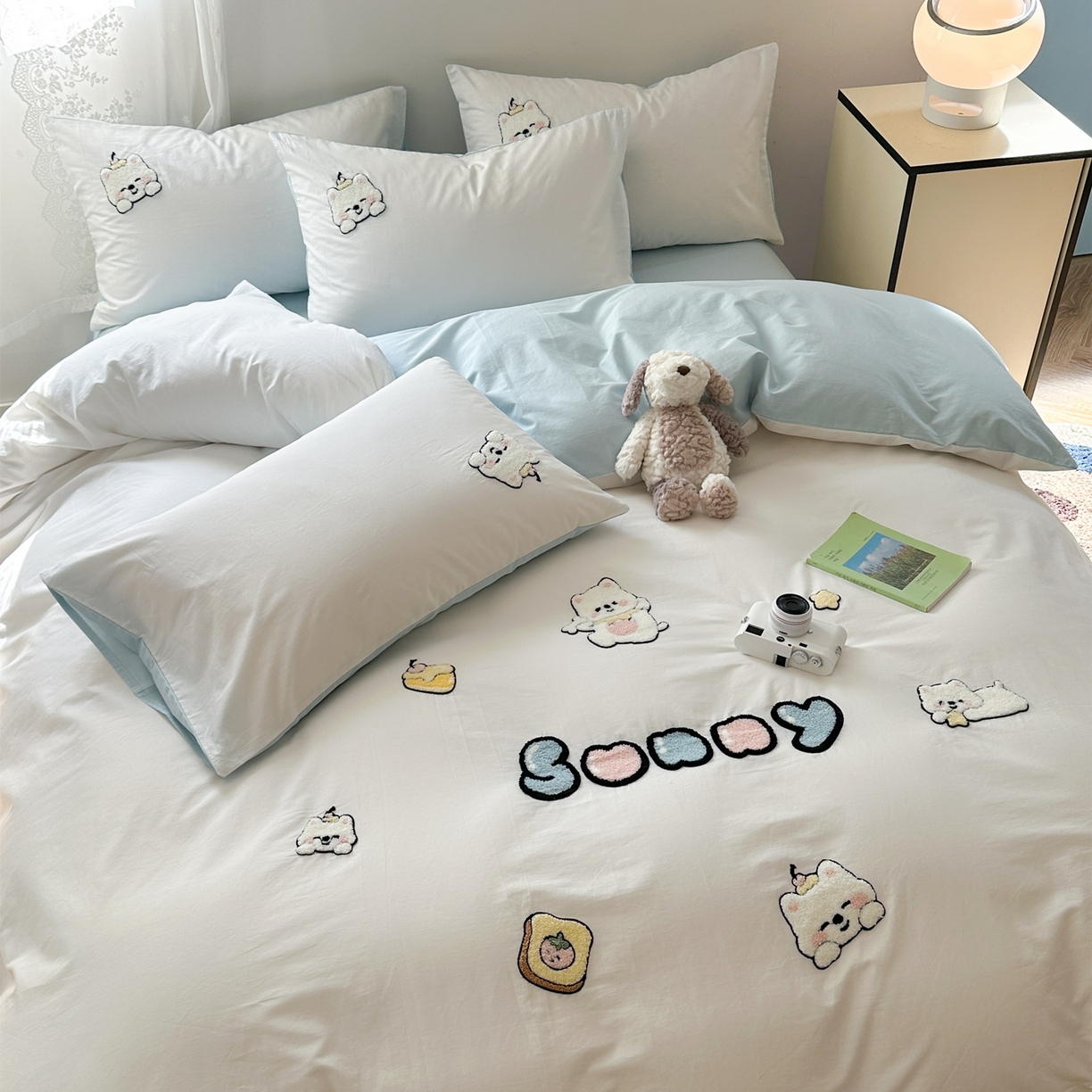 91家纺网 家纺一手货源 找家纺 丽涵家纺 2026新款50S全棉纯棉水洗棉毛巾绣花四件套幸运圣诞 可爱小狗-蓝