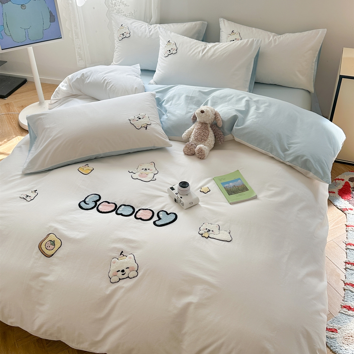 91家纺网 家纺一手货源 找家纺 丽涵家纺 2026新款50S全棉纯棉水洗棉毛巾绣花四件套幸运圣诞 可爱小狗-蓝