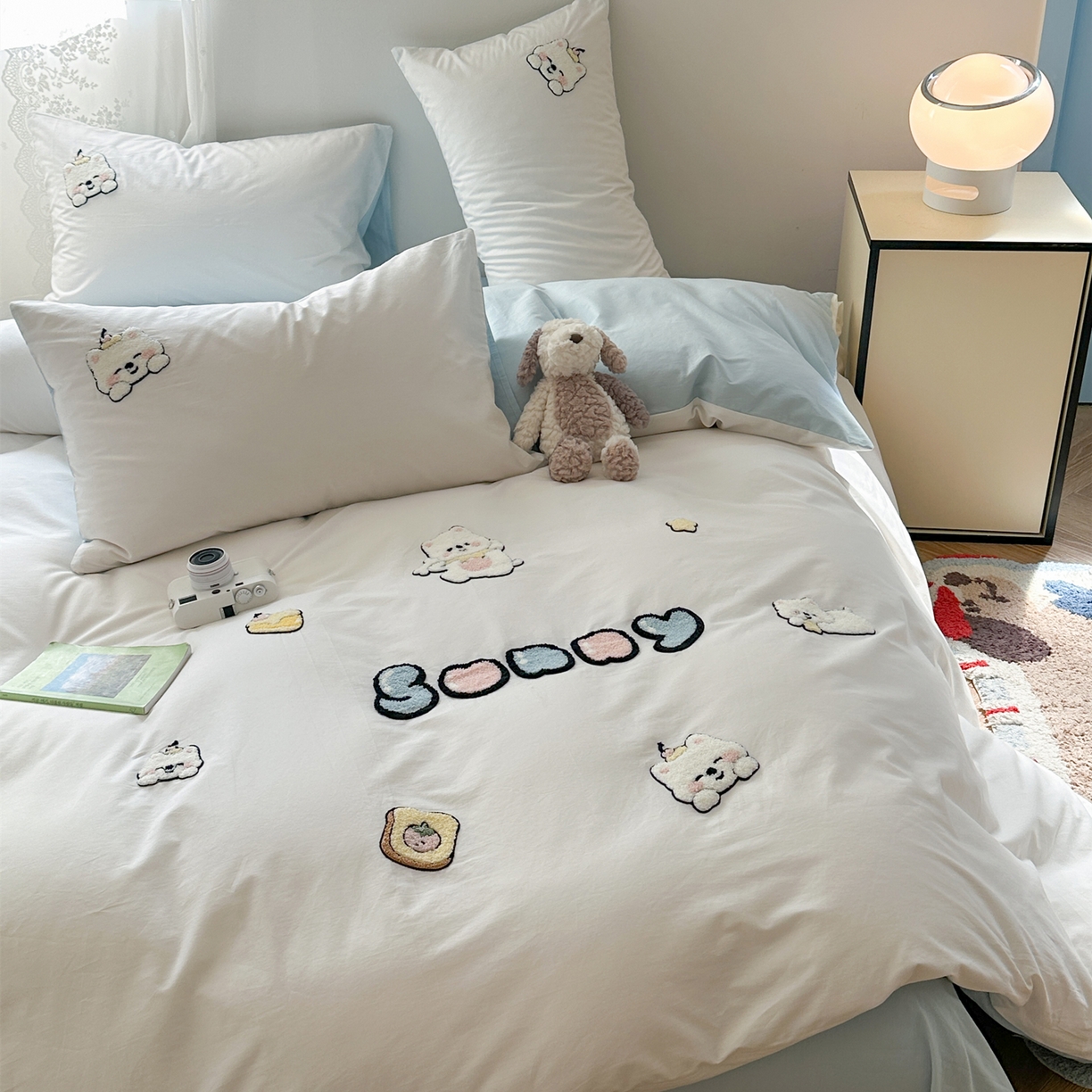 91家纺网 家纺一手货源 找家纺 丽涵家纺 2026新款50S全棉纯棉水洗棉毛巾绣花四件套幸运圣诞 可爱小狗-蓝