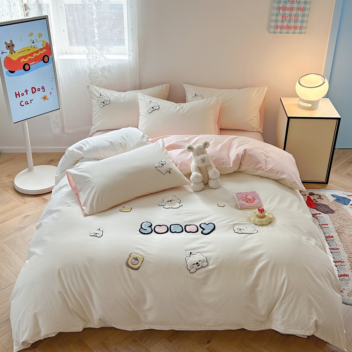 丽涵家纺 2026新款50S全棉纯棉水洗棉毛巾绣花四件套幸运圣诞 可爱小狗-浅粉