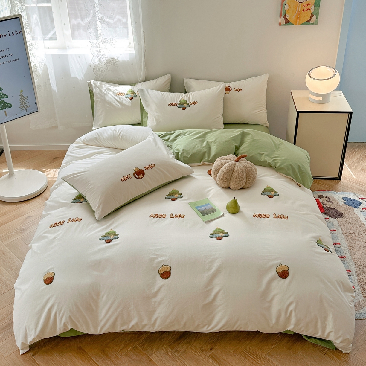 丽涵家纺 2026新款50S全棉纯棉水洗棉毛巾绣花四件套幸运圣诞 幸运圣诞树