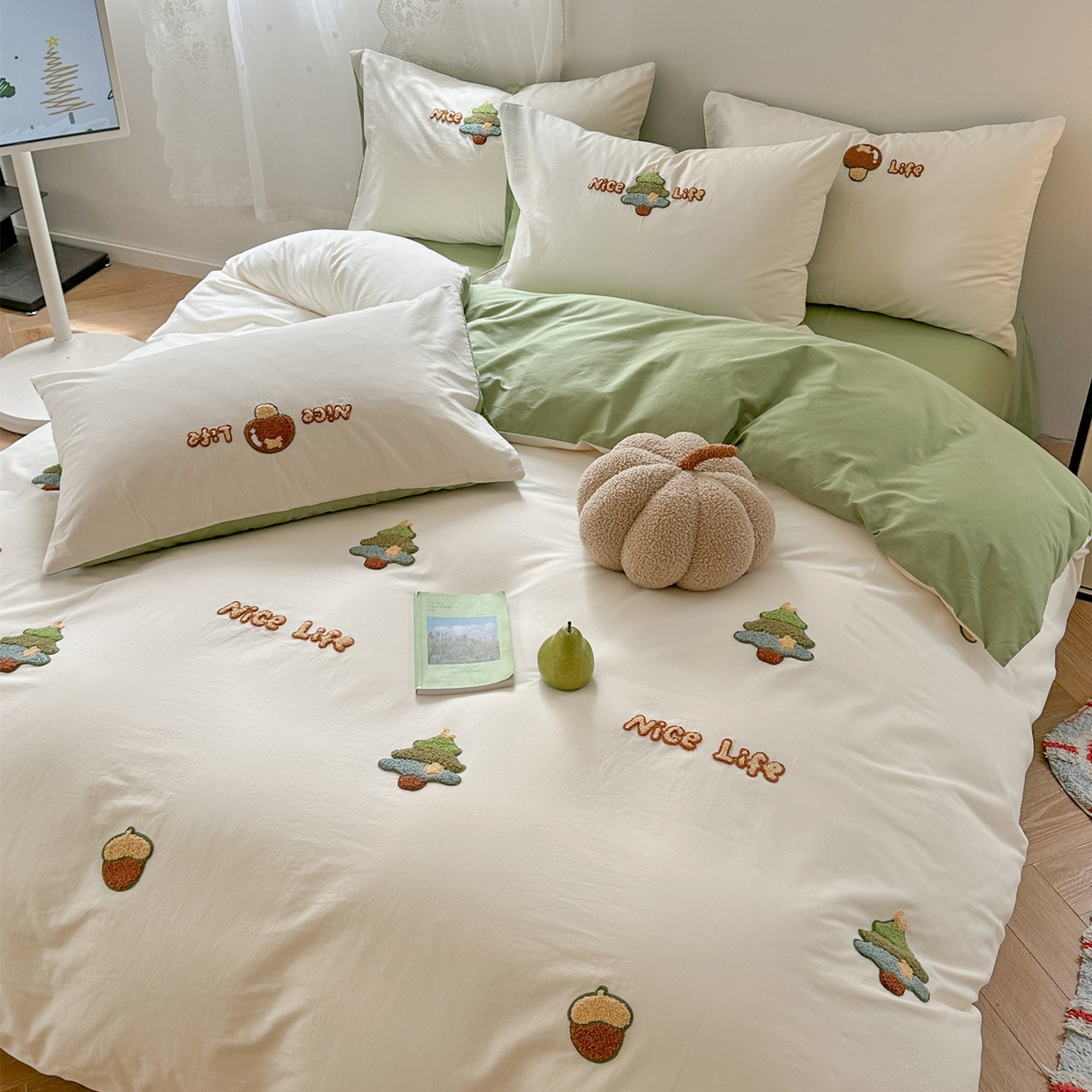 91家纺网 家纺一手货源 找家纺 丽涵家纺 2026新款50S全棉纯棉水洗棉毛巾绣花四件套幸运圣诞 幸运圣诞树