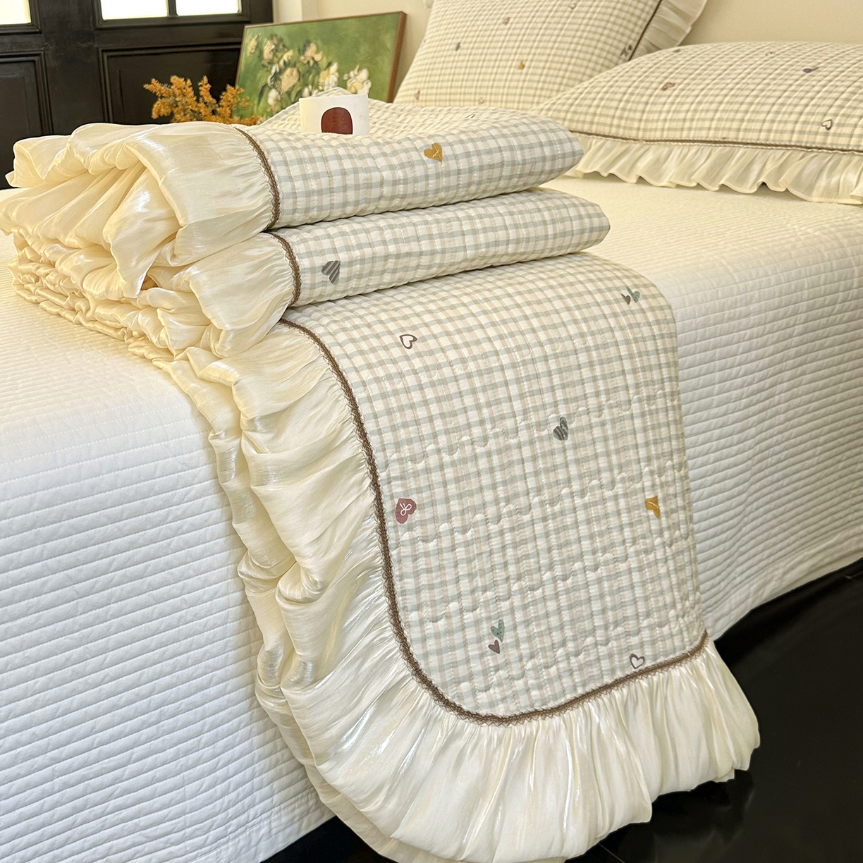 91家纺网 家纺一手货源 找家纺 美优兰 2026新款全棉13372法式花边床盖（含买家秀） 爱心格