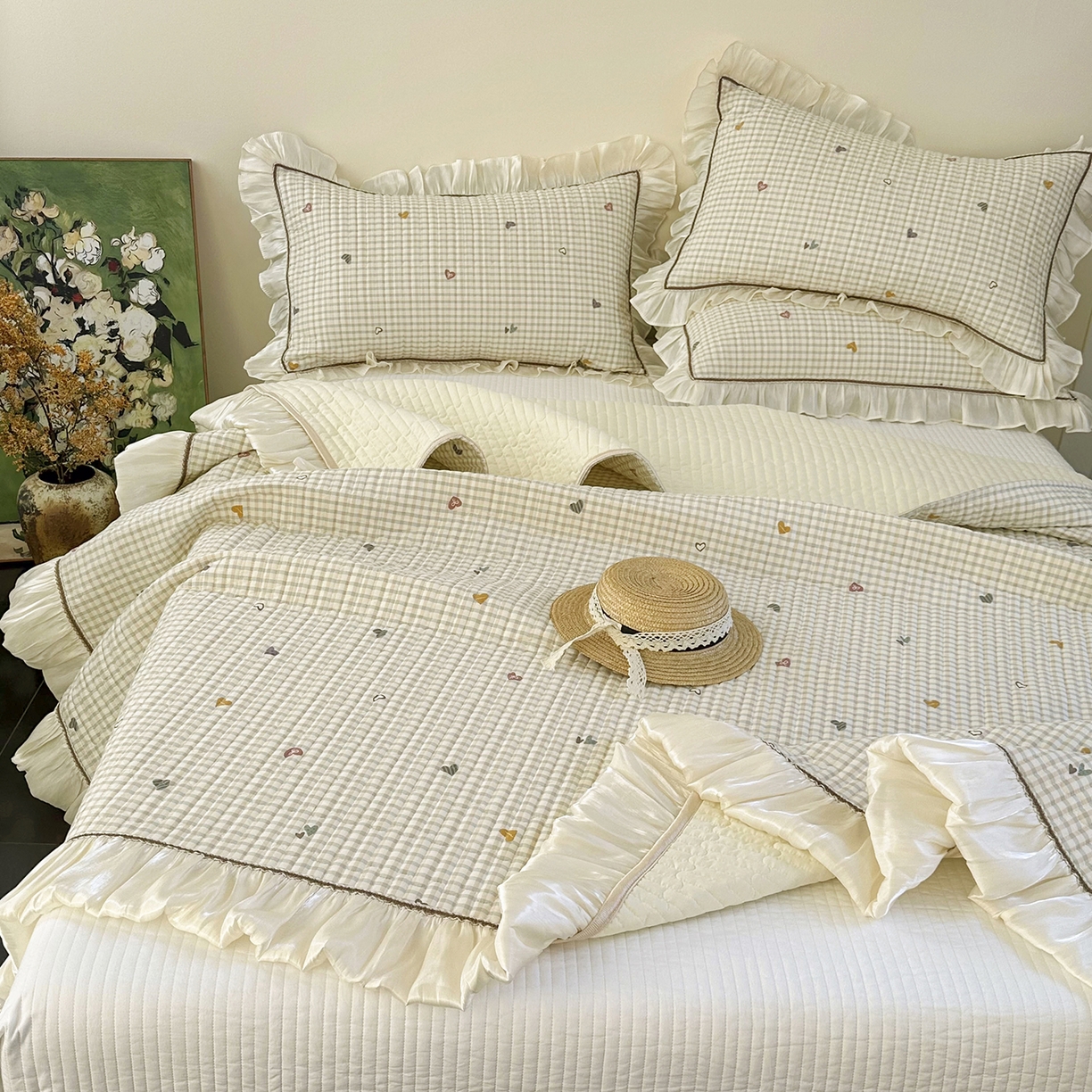 91家纺网 家纺一手货源 找家纺 美优兰 2026新款全棉13372法式花边床盖（含买家秀） 爱心格