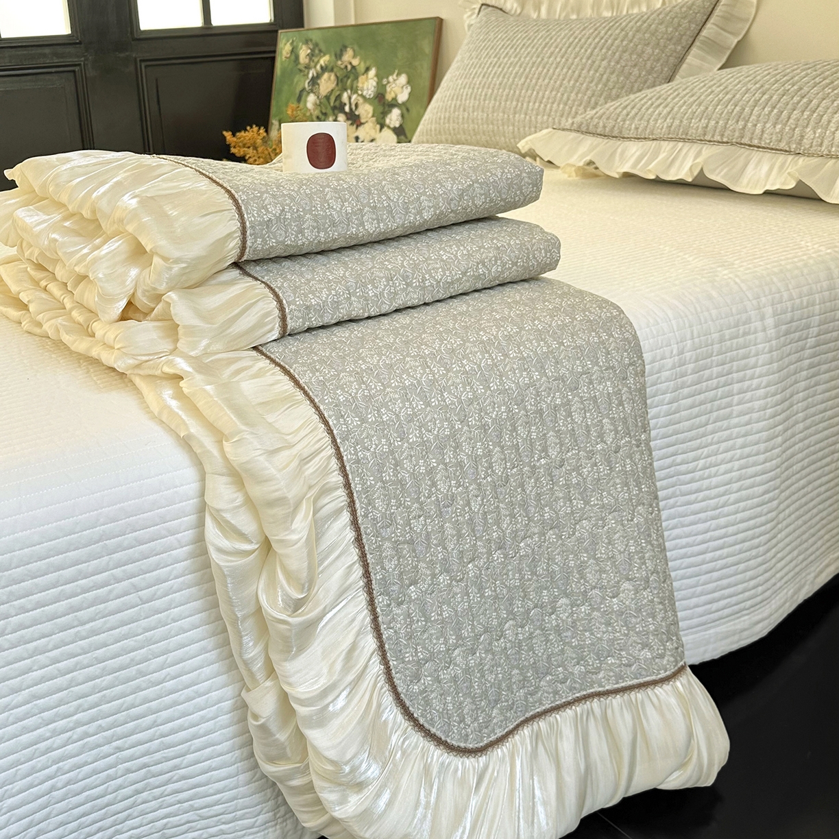 91家纺网 家纺一手货源 找家纺 美优兰 2026新款全棉13372法式花边床盖（含买家秀） 叶脉