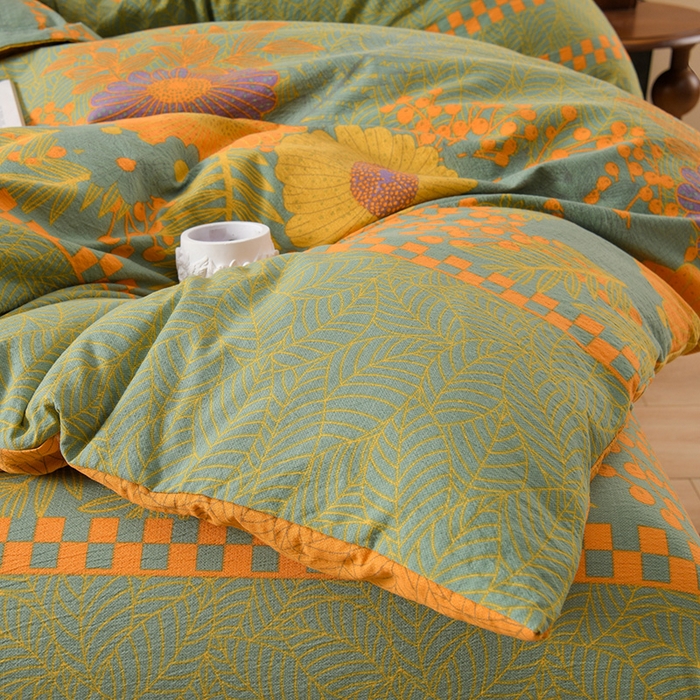 91家纺网 家纺一手货源 找家纺 大元 2026新款亲肤水洗棉双层纱提花四件套 春暖花开