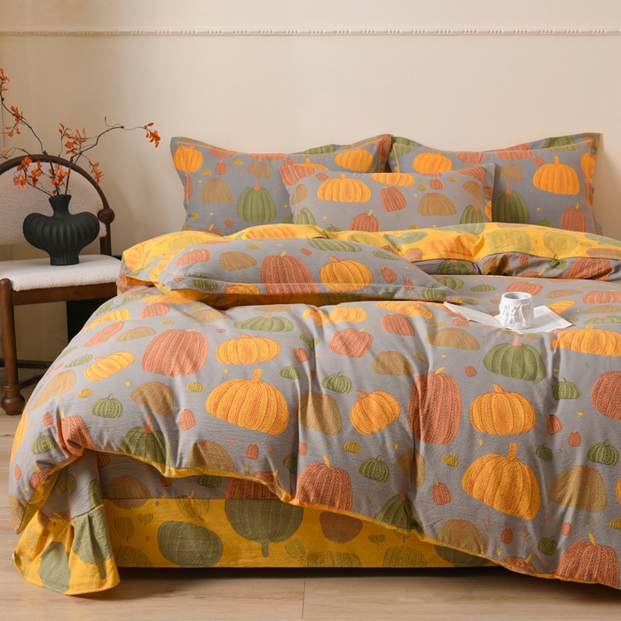 91家纺网 家纺一手货源 找家纺 大元 2026新款亲肤水洗棉双层纱提花四件套 多彩南瓜