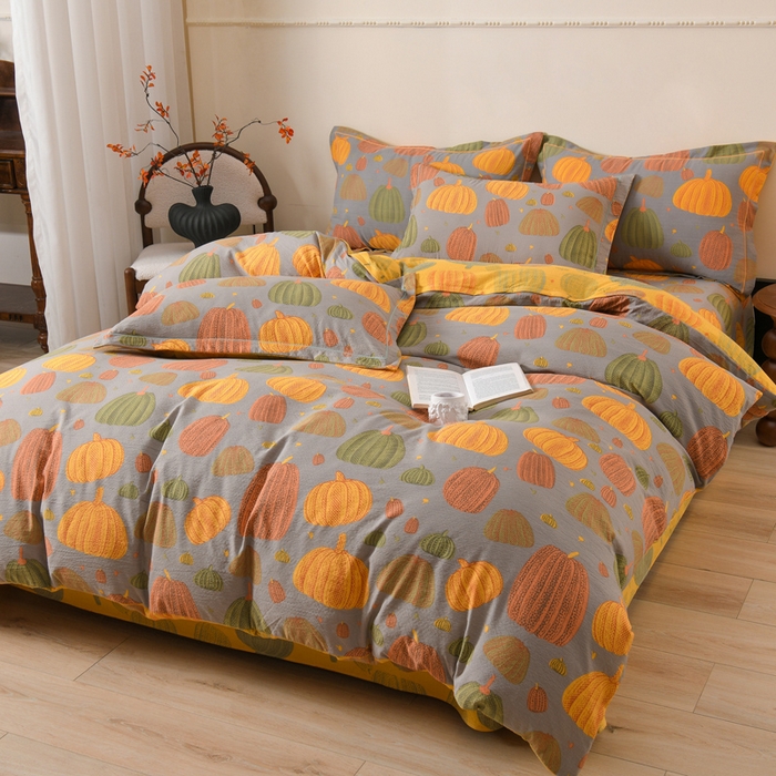 91家纺网 家纺一手货源 找家纺 大元 2026新款亲肤水洗棉双层纱提花四件套 多彩南瓜