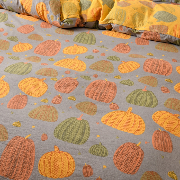 91家纺网 家纺一手货源 找家纺 大元 2026新款亲肤水洗棉双层纱提花四件套 多彩南瓜