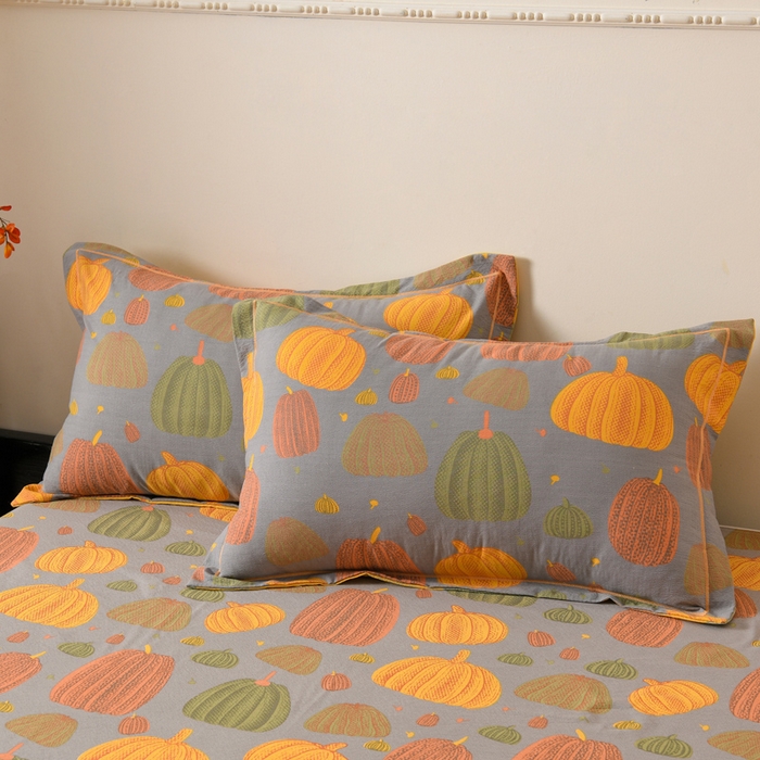 91家纺网 家纺一手货源 找家纺 大元 2026新款亲肤水洗棉双层纱提花四件套 多彩南瓜