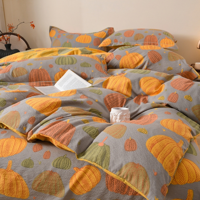 91家纺网 家纺一手货源 找家纺 大元 2026新款亲肤水洗棉双层纱提花四件套 多彩南瓜