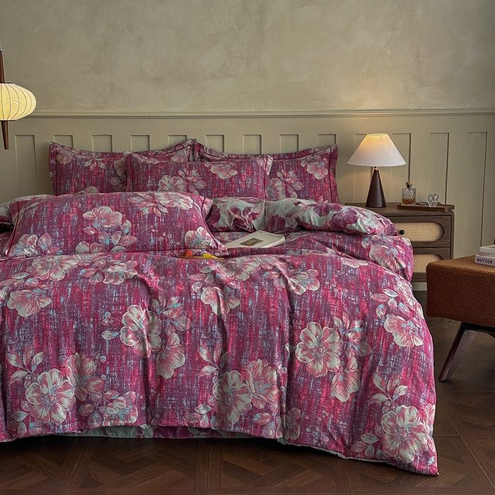 91家纺网 家纺一手货源 找家纺 大元 2026新款亲肤水洗棉双层纱提花四件套 花开富贵-红