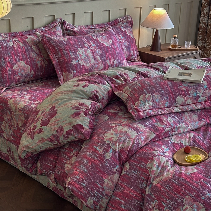 91家纺网 家纺一手货源 找家纺 大元 2026新款亲肤水洗棉双层纱提花四件套 花开富贵-红