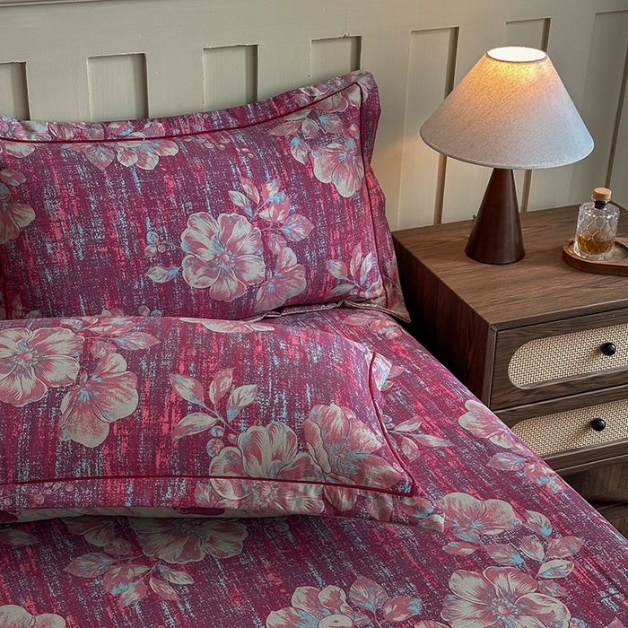 91家纺网 家纺一手货源 找家纺 大元 2026新款亲肤水洗棉双层纱提花四件套 花开富贵-红