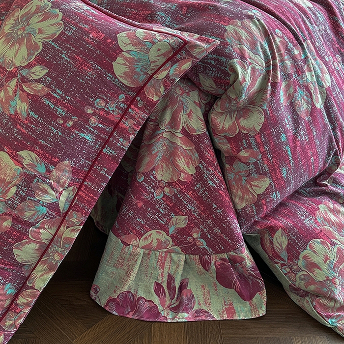 91家纺网 家纺一手货源 找家纺 大元 2026新款亲肤水洗棉双层纱提花四件套 花开富贵-红