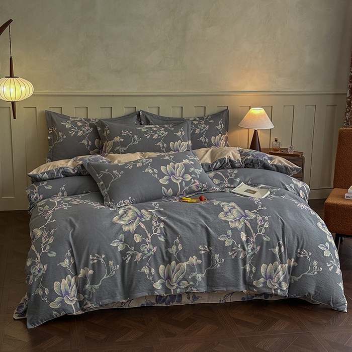 91家纺网 家纺一手货源 找家纺 大元 2026新款亲肤水洗棉双层纱提花四件套 兰花草-灰