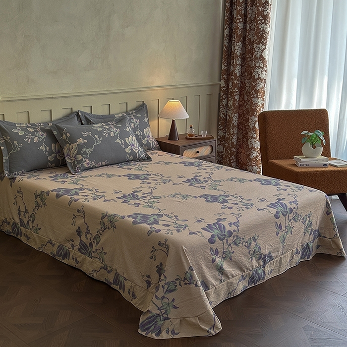 91家纺网 家纺一手货源 找家纺 大元 2026新款亲肤水洗棉双层纱提花四件套 兰花草-灰