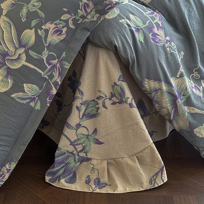 91家纺网 家纺一手货源 找家纺 大元 2026新款亲肤水洗棉双层纱提花四件套 兰花草-灰