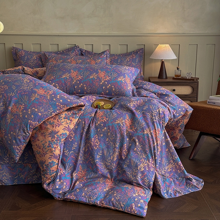 91家纺网 家纺一手货源 找家纺 大元 2026新款亲肤水洗棉双层纱提花四件套 薰衣草-紫