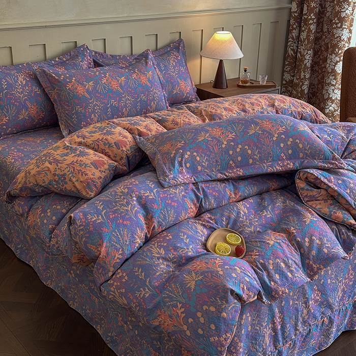 91家纺网 家纺一手货源 找家纺 大元 2026新款亲肤水洗棉双层纱提花四件套 薰衣草-紫