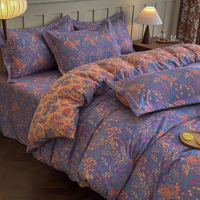 91家纺网 家纺一手货源 找家纺 大元 2026新款亲肤水洗棉双层纱提花四件套 薰衣草-紫