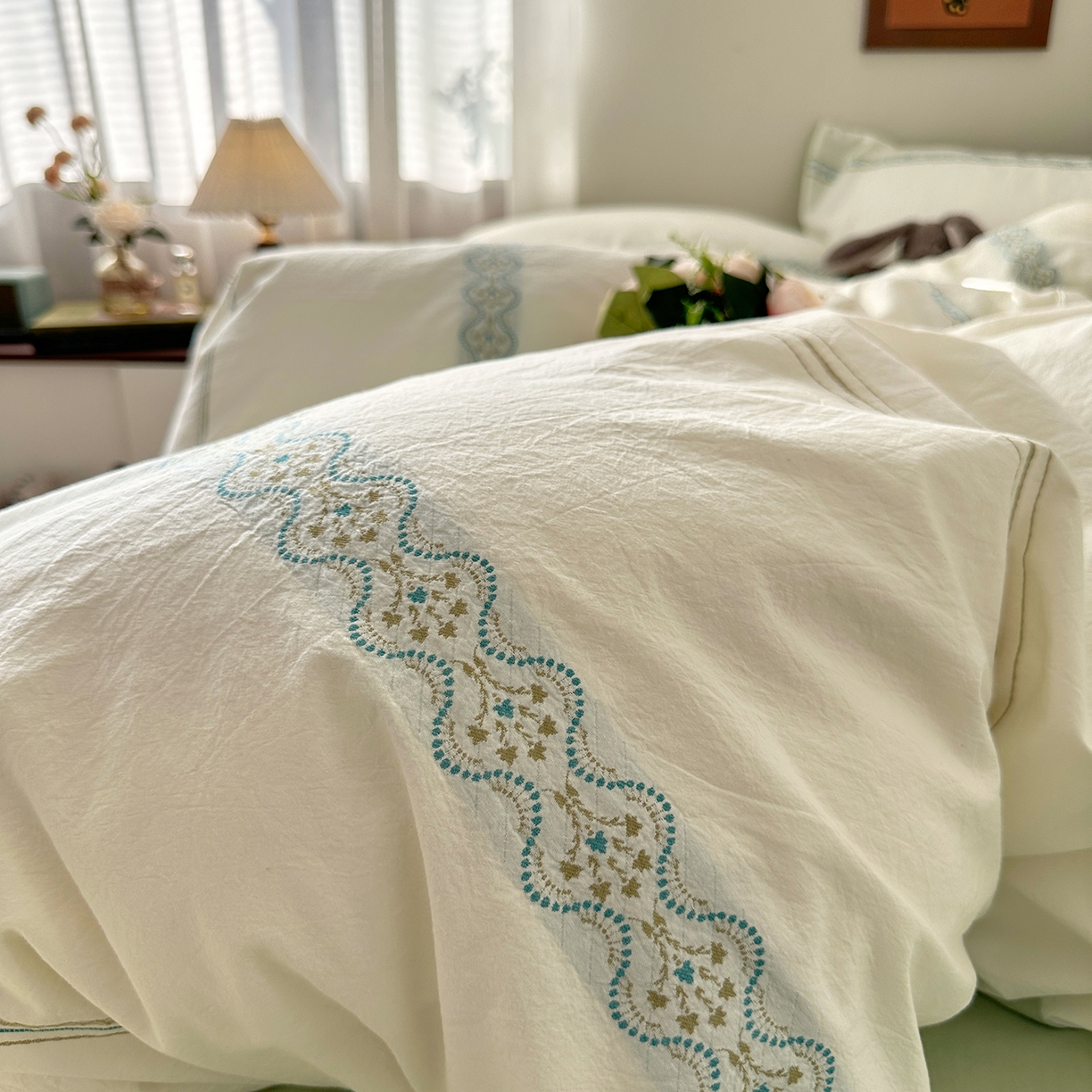 91家纺网 家纺一手货源 找家纺 艾咪-Amy ntmy 2026新款法式复古风全棉纯棉色织提花四件套-繁花 繁花绿