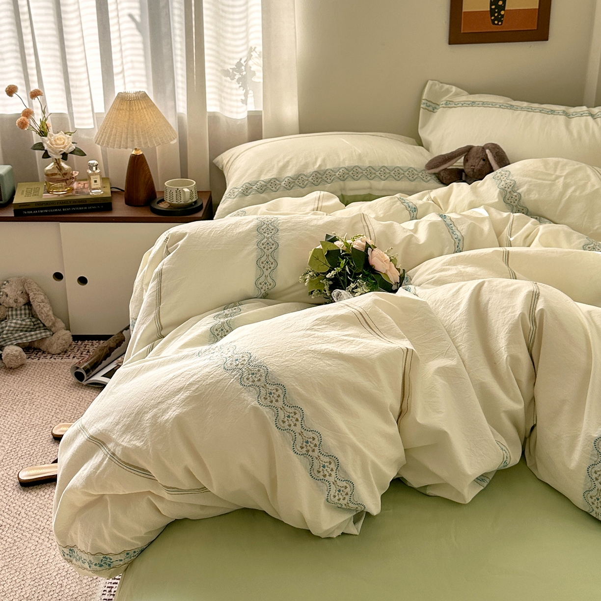 91家纺网 家纺一手货源 找家纺 艾咪-Amy ntmy 2026新款法式复古风全棉纯棉色织提花四件套-繁花 繁花绿