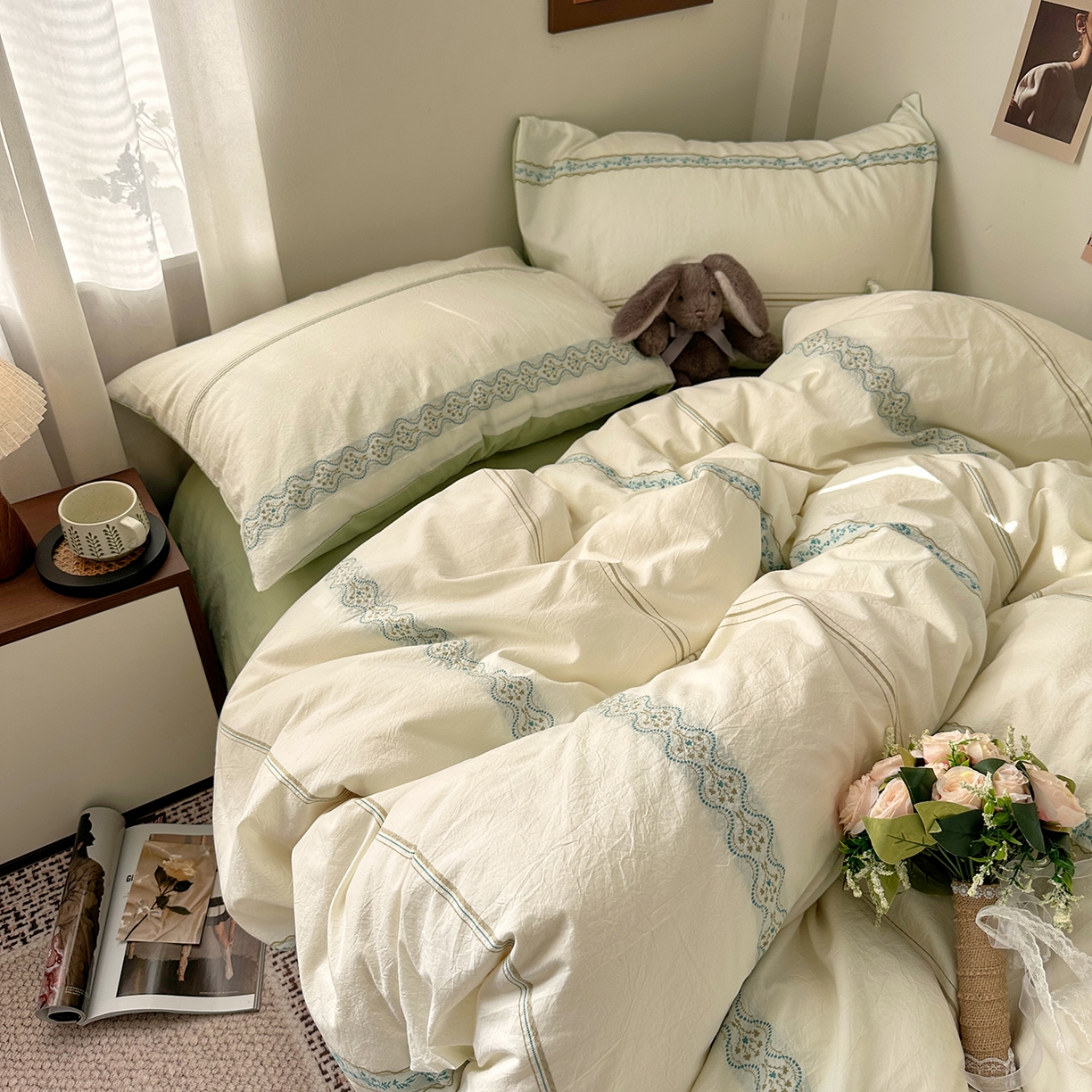 91家纺网 家纺一手货源 找家纺 艾咪-Amy ntmy 2026新款法式复古风全棉纯棉色织提花四件套-繁花 繁花绿