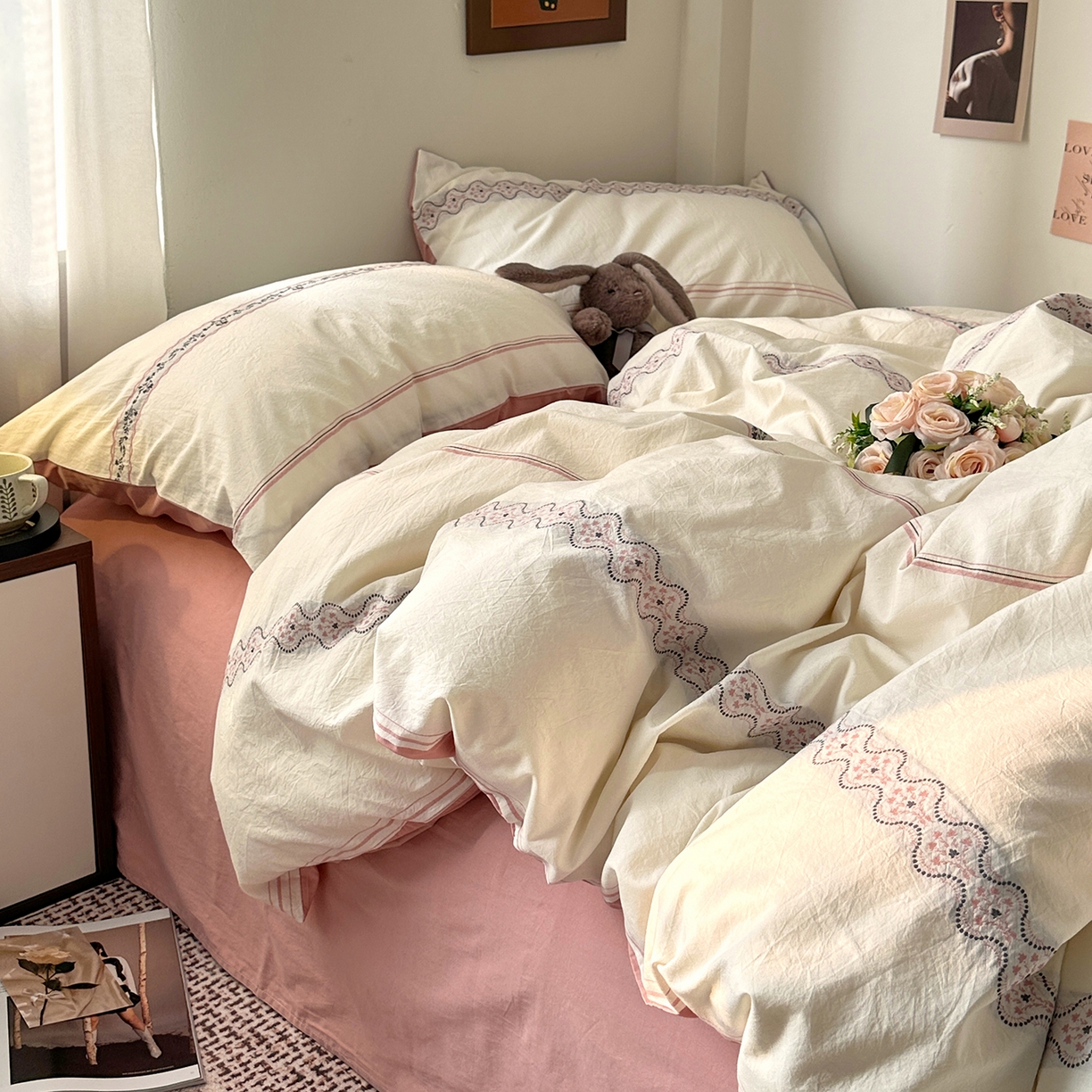 91家纺网 家纺一手货源 找家纺 艾咪-Amy ntmy 2026新款法式复古风全棉纯棉色织提花四件套-繁花 繁花粉