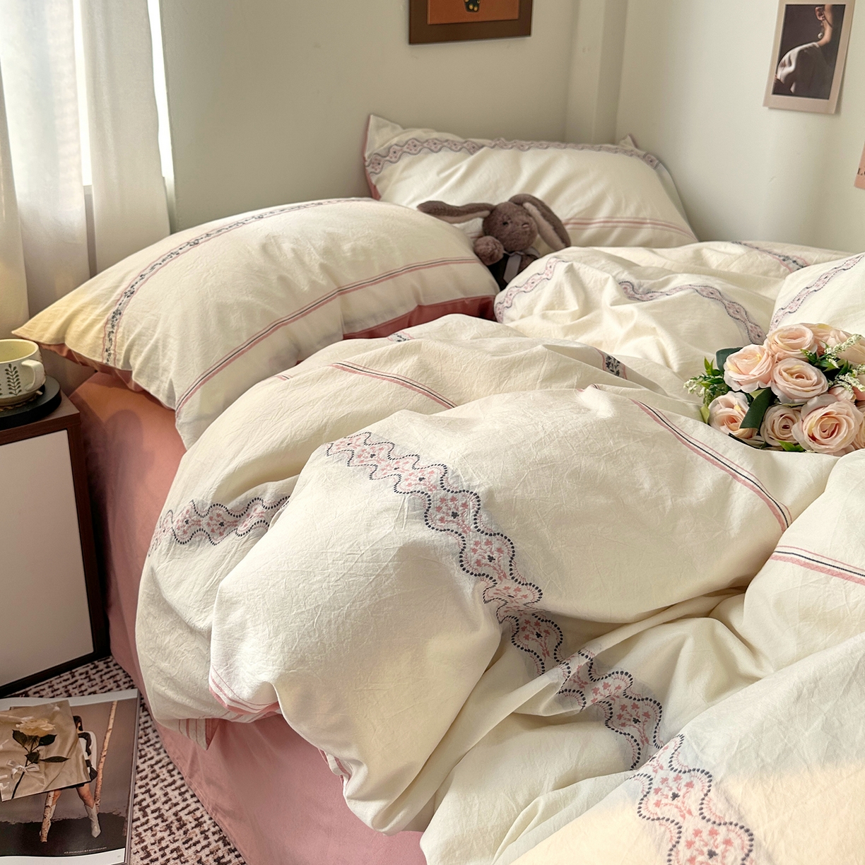 91家纺网 家纺一手货源 找家纺 艾咪-Amy ntmy 2026新款法式复古风全棉纯棉色织提花四件套-繁花 繁花粉