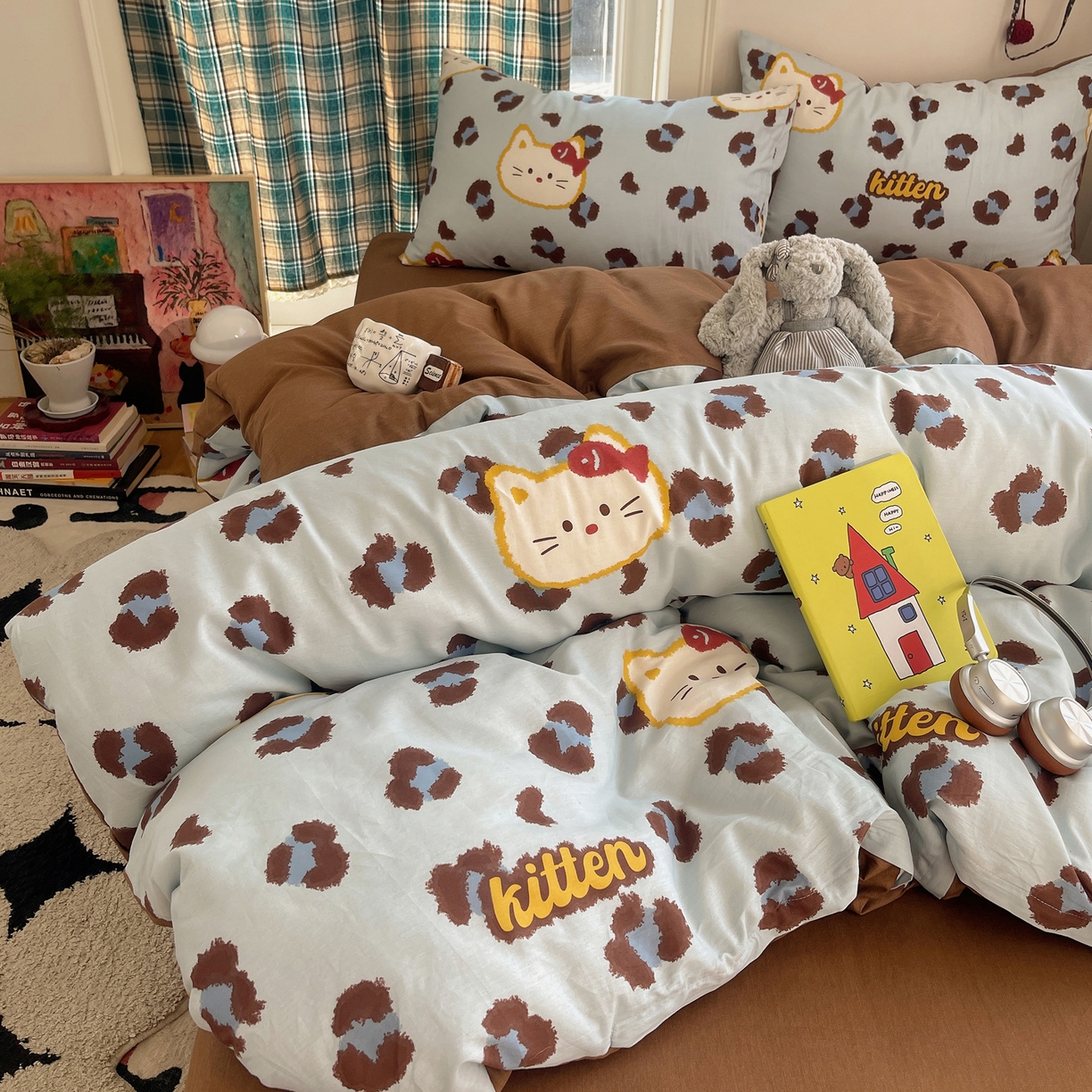 91家纺网 家纺一手货源 找家纺 瑞莱 2026新款全棉印花单被套系列 猫吃鱼（蓝）