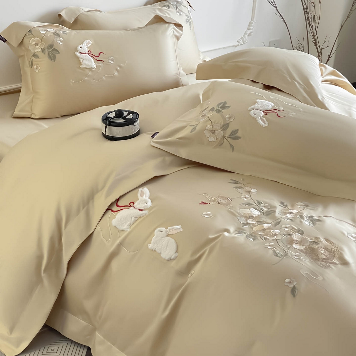  2026新年锦鲤A类贡缎长绒棉四件套纯棉重工刺绣被套床单床笠喜庆床上用品-柏丽兔 柏丽兔-棕