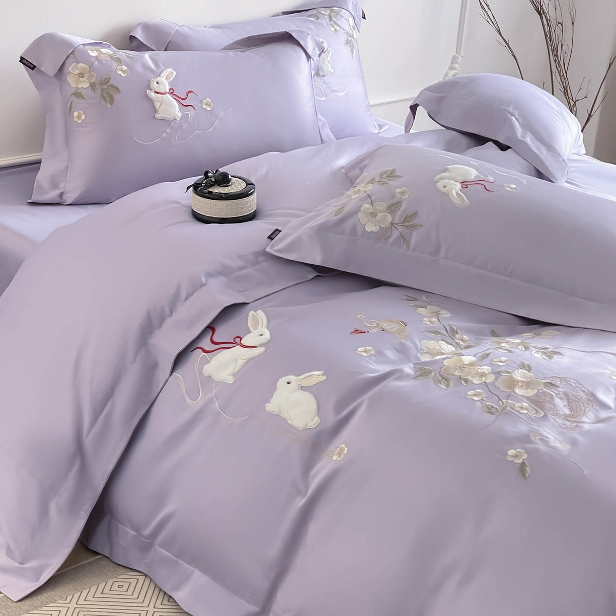  2026新年锦鲤A类贡缎长绒棉四件套纯棉重工刺绣被套床单床笠喜庆床上用品-柏丽兔 柏丽兔-紫