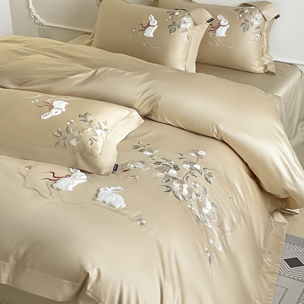 91家纺网 家纺一手货源 找家纺 （总） 2026新年锦鲤A类贡缎长绒棉四件套纯棉重工刺绣被套床单床笠喜庆床上用品