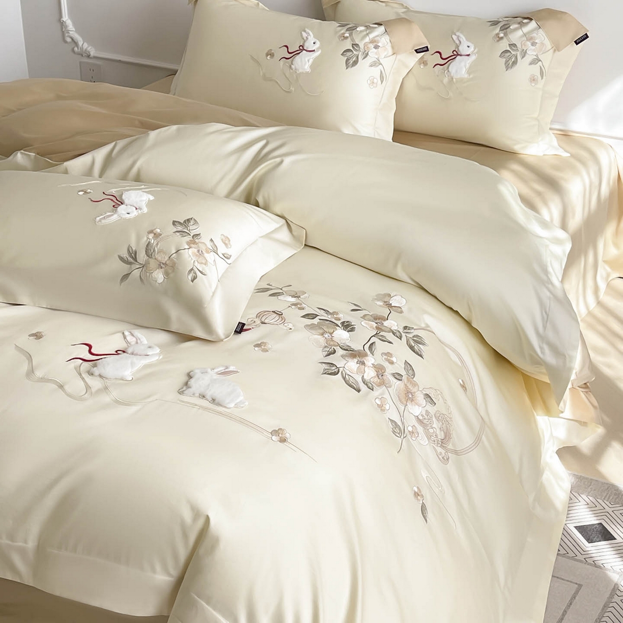  2026新年锦鲤A类贡缎长绒棉四件套纯棉重工刺绣被套床单床笠喜庆床上用品 柏丽兔-金