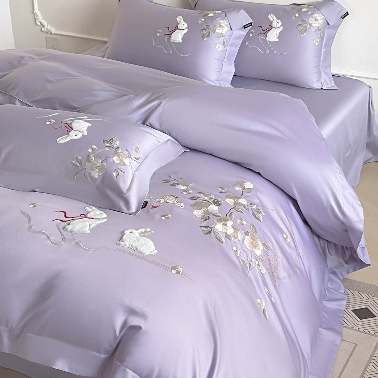  2026新年锦鲤A类贡缎长绒棉四件套纯棉重工刺绣被套床单床笠喜庆床上用品 柏丽兔-紫