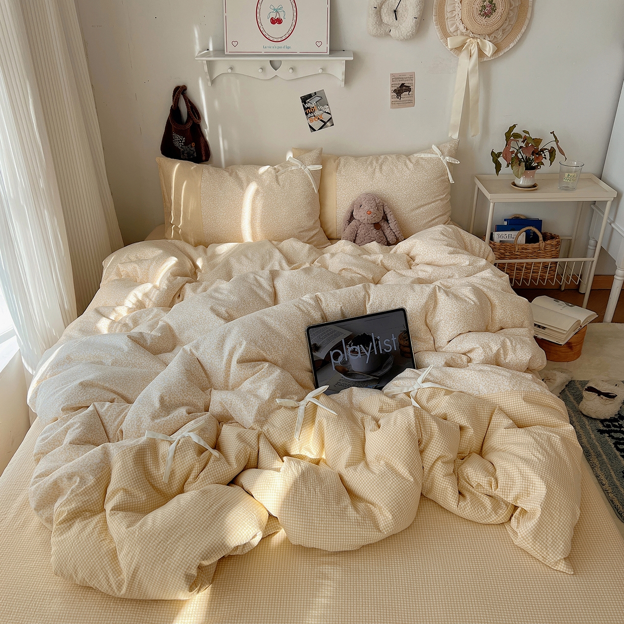 91家纺网 家纺一手货源 找家纺 （总）沐芷 2026 【提供买家秀】公主风蝴蝶结A类古法水洗仿棉四件套床上用品三件套被套床单