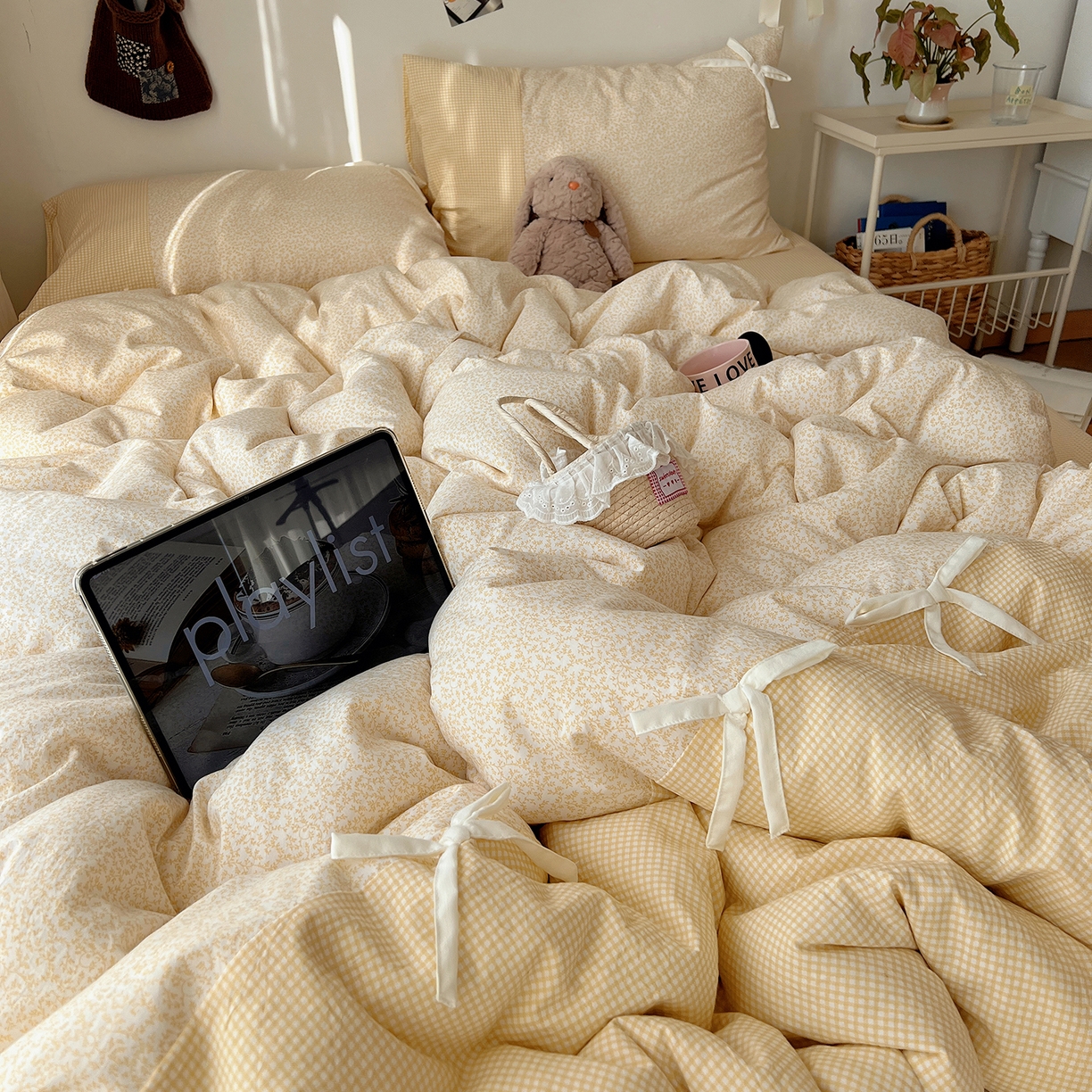 91家纺网 家纺一手货源 找家纺 （总）沐芷 2026 【提供买家秀】公主风蝴蝶结A类古法水洗仿棉四件套床上用品三件套被套床单