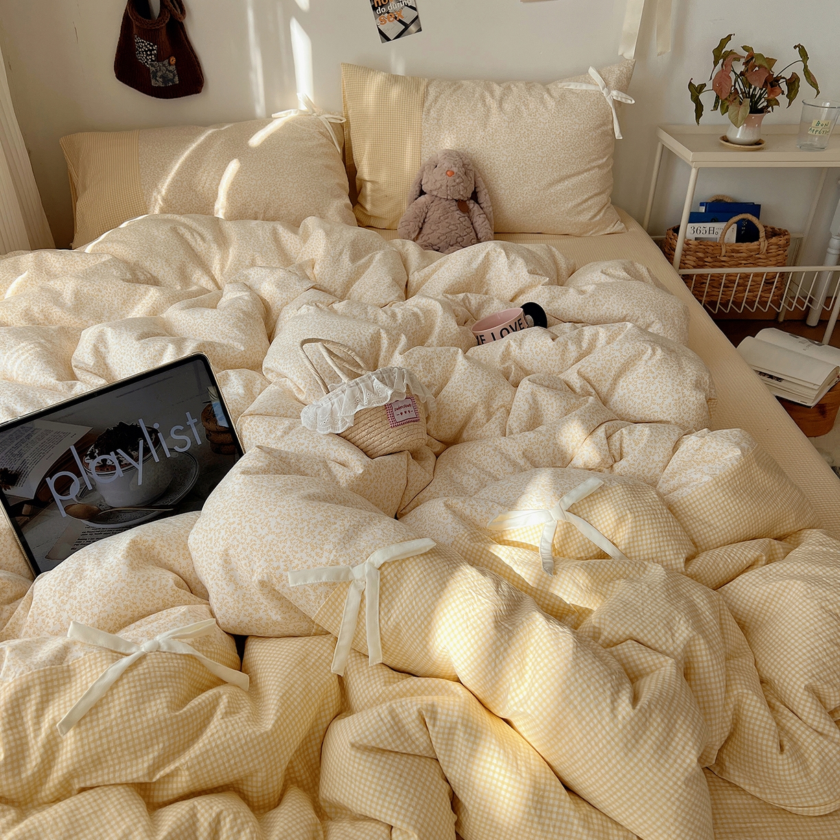 91家纺网 家纺一手货源 找家纺 （总）沐芷 2026 【提供买家秀】公主风蝴蝶结A类古法水洗仿棉四件套床上用品三件套被套床单