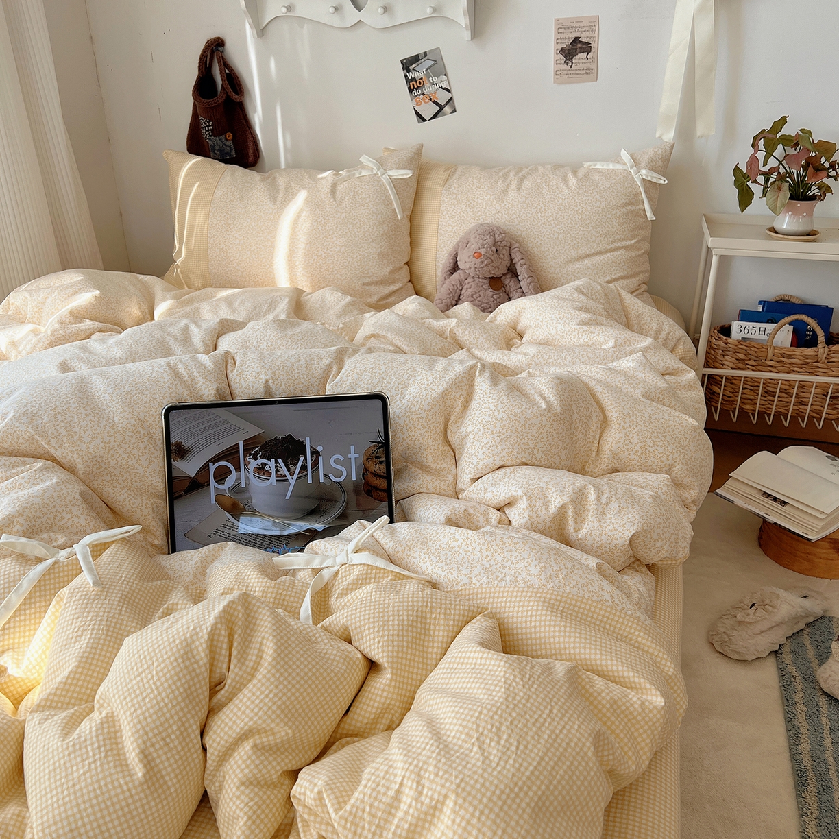 91家纺网 家纺一手货源 找家纺 沐芷 2026 【提供买家秀】公主风蝴蝶结A类古法水洗仿棉四件套床上用品三件套被套床单 公主蝴蝶结-黄