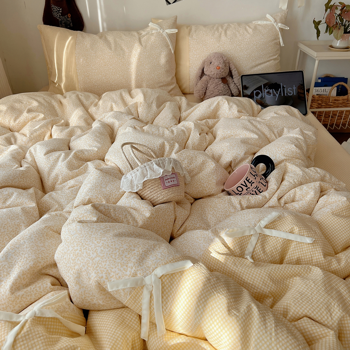 91家纺网 家纺一手货源 找家纺 沐芷 2026 【提供买家秀】公主风蝴蝶结A类古法水洗仿棉四件套床上用品三件套被套床单 公主蝴蝶结-黄