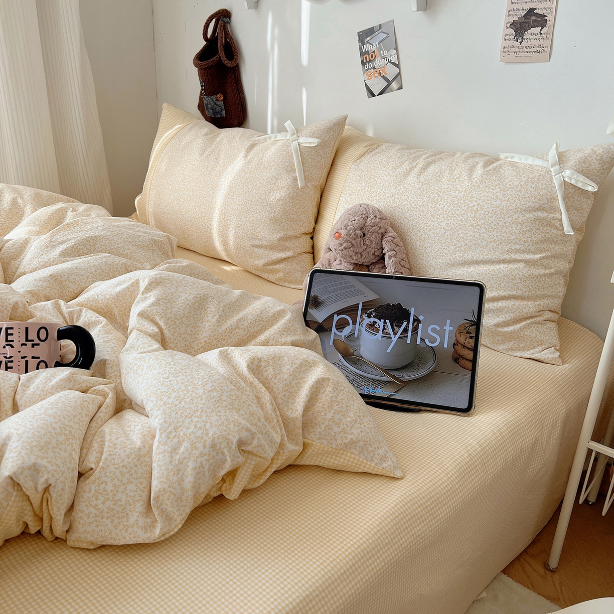 91家纺网 家纺一手货源 找家纺 沐芷 2026 【提供买家秀】公主风蝴蝶结A类古法水洗仿棉四件套床上用品三件套被套床单 公主蝴蝶结-黄