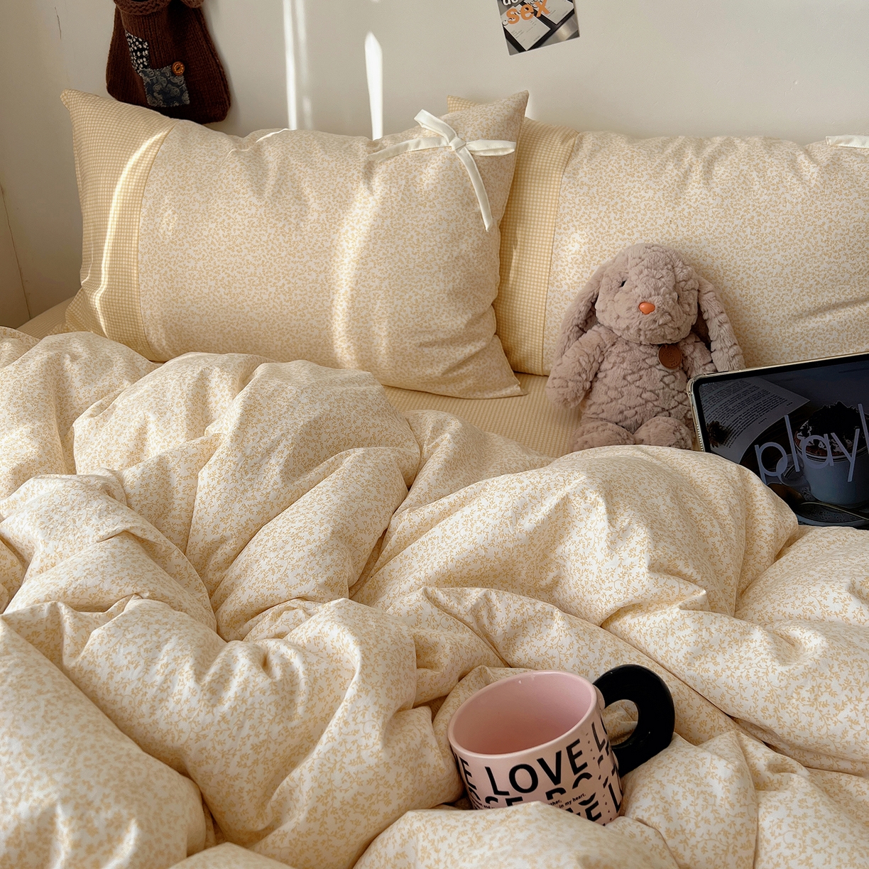 91家纺网 家纺一手货源 找家纺 沐芷 2026 【提供买家秀】公主风蝴蝶结A类古法水洗仿棉四件套床上用品三件套被套床单 公主蝴蝶结-黄