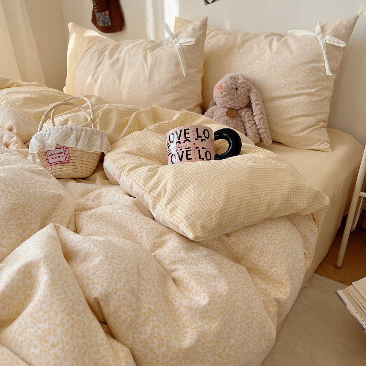 91家纺网 家纺一手货源 找家纺 沐芷 2026 【提供买家秀】公主风蝴蝶结A类古法水洗仿棉四件套床上用品三件套被套床单 公主蝴蝶结-黄