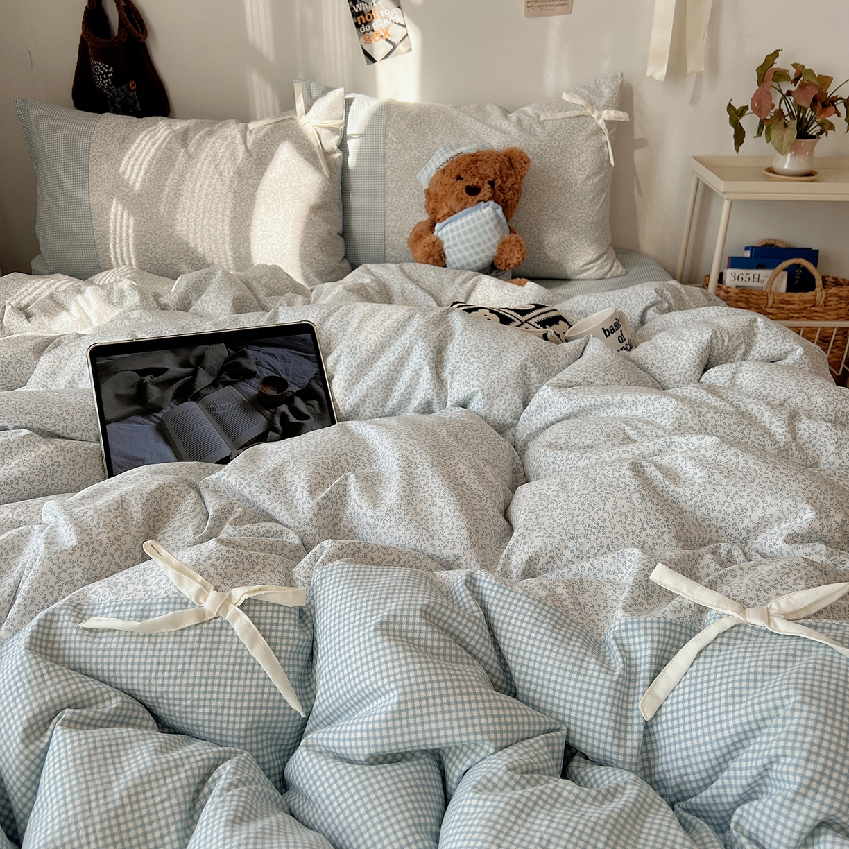 91家纺网 家纺一手货源 找家纺 沐芷 2026 【提供买家秀】公主风蝴蝶结A类古法水洗仿棉四件套床上用品三件套被套床单 公主蝴蝶结-蓝