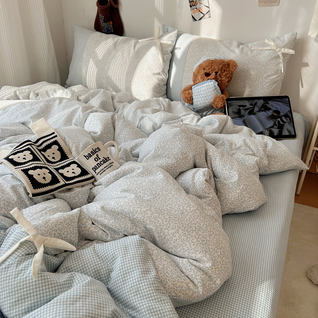 91家纺网 家纺一手货源 找家纺 沐芷 2026 【提供买家秀】公主风蝴蝶结A类古法水洗仿棉四件套床上用品三件套被套床单 公主蝴蝶结-蓝