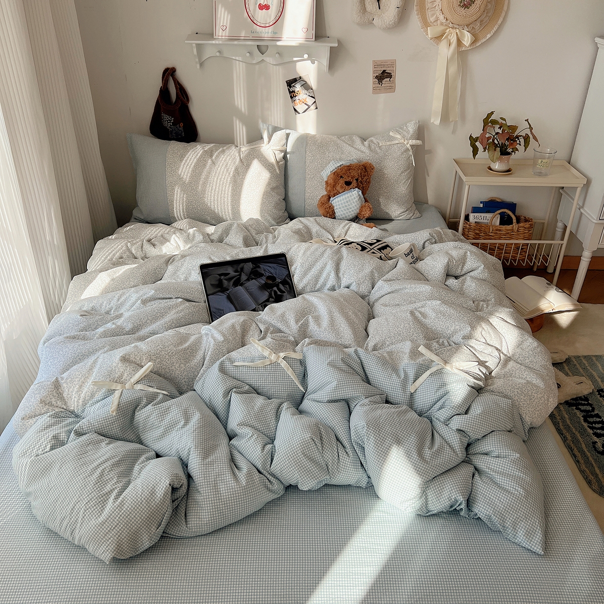 91家纺网 家纺一手货源 找家纺 沐芷 2026 【提供买家秀】公主风蝴蝶结A类古法水洗仿棉四件套床上用品三件套被套床单 公主蝴蝶结-蓝