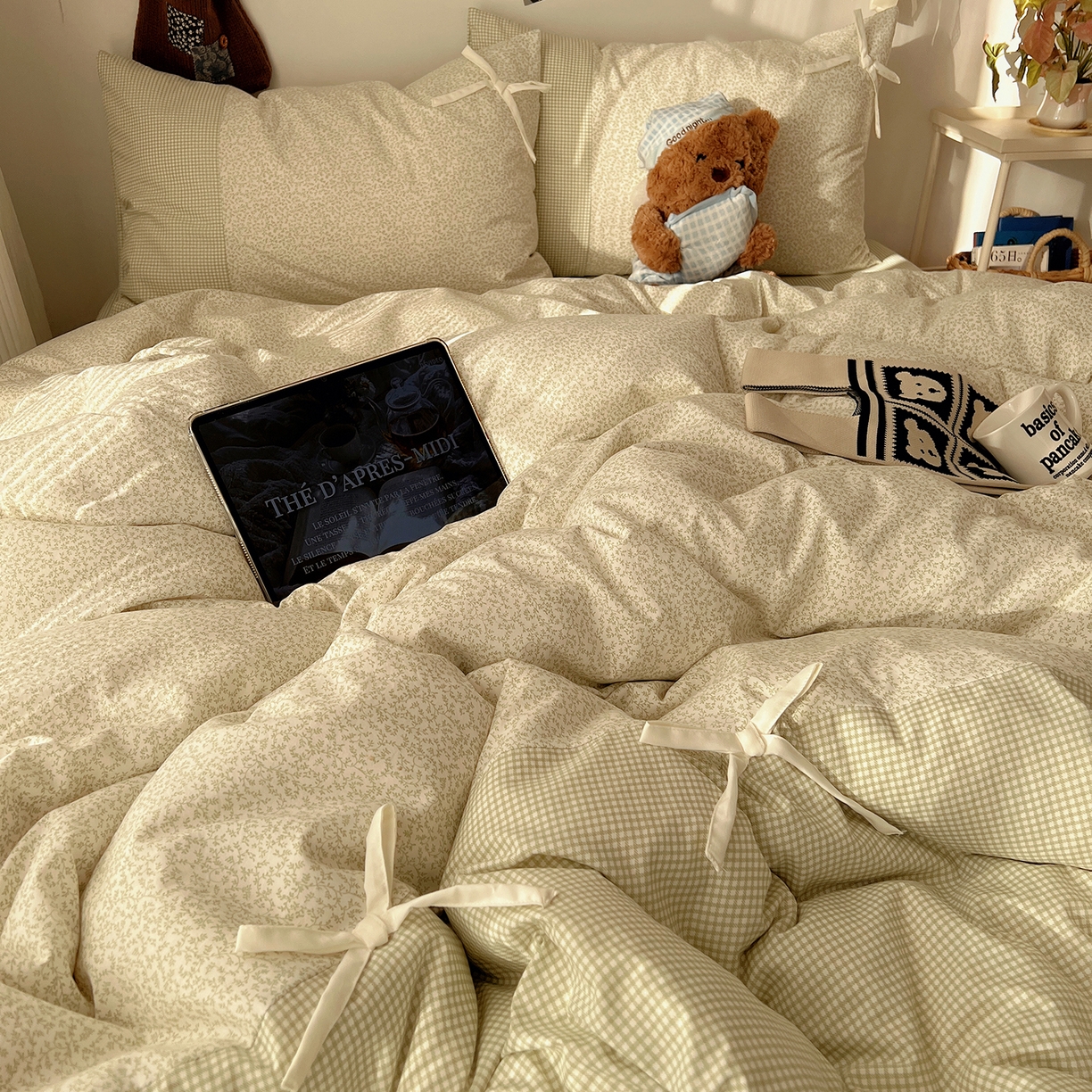 91家纺网 家纺一手货源 找家纺 沐芷 2026 【提供买家秀】公主风蝴蝶结A类古法水洗仿棉四件套床上用品三件套被套床单 公主蝴蝶结-绿