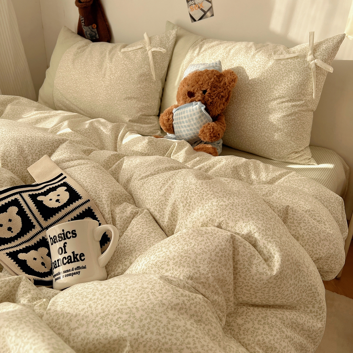 91家纺网 家纺一手货源 找家纺 沐芷 2026 【提供买家秀】公主风蝴蝶结A类古法水洗仿棉四件套床上用品三件套被套床单 公主蝴蝶结-绿