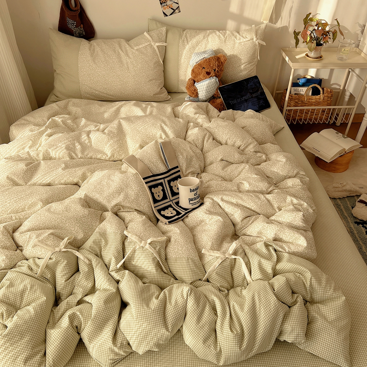 91家纺网 家纺一手货源 找家纺 沐芷 2026 【提供买家秀】公主风蝴蝶结A类古法水洗仿棉四件套床上用品三件套被套床单 公主蝴蝶结-绿